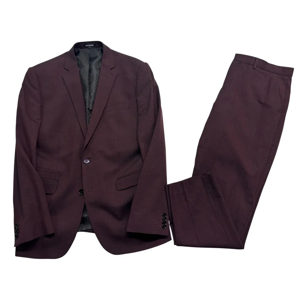 Express 40R 33x30 Eggplant 2pc Pant Suit Stretch Slim Wool Blend Flat Front